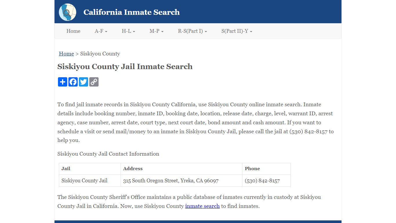 Siskiyou County Jail Inmate Search