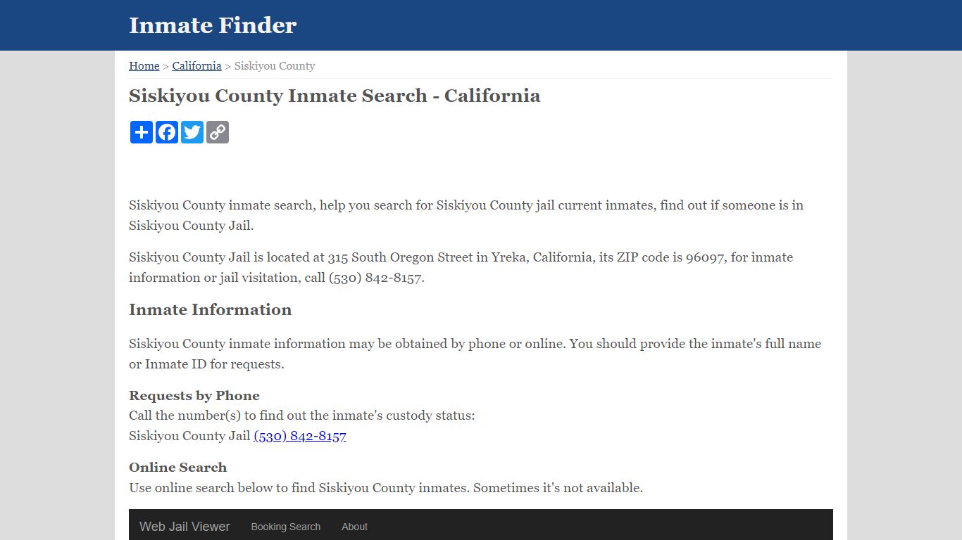 Siskiyou County Inmate Search - California
